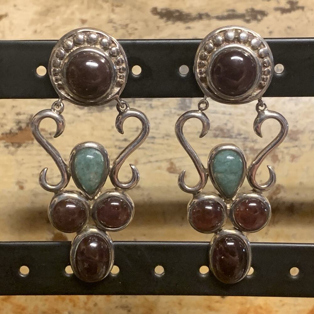 Sterling Silver, Ruby and Turquoise Cabochon Ornate Earrings by MRF Vintage